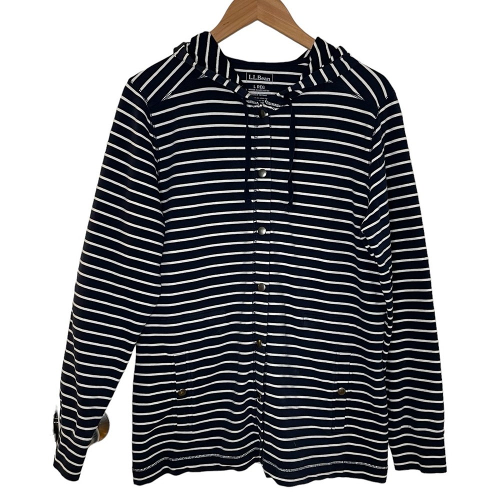 LL Bean Navy & White Striped Snap Front Hoodie Cotton Blend Jersey Jacket